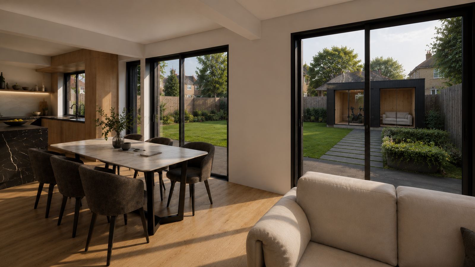 The family room and dining space looking out to the garden, with the kitchen visible to one side