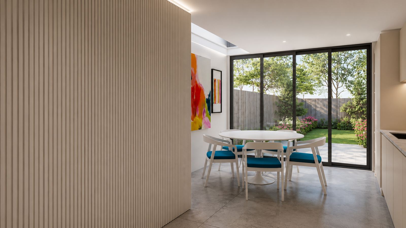The proposed dining end, a round table in front of full-height sliding glazing onto the garden, with a fluted timber wall to one side
