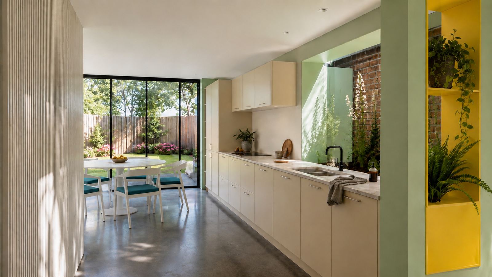 The proposed kitchen, a long pale run of units under a sage green wall, with a planted slot against retained brickwork and the dining end beyond
