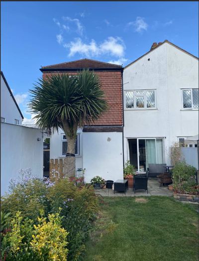 The rear elevation before the work, with a tiled outrigger and a palm in the corner of the patio