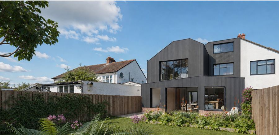 The proposed rear elevation, a two-storey dark timber volume with a folded gable and wide openings at ground level