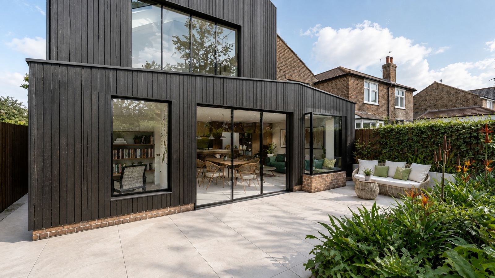 The rear extension close to, showing a study window, wide sliding doors and a projecting window seat on a brick plinth