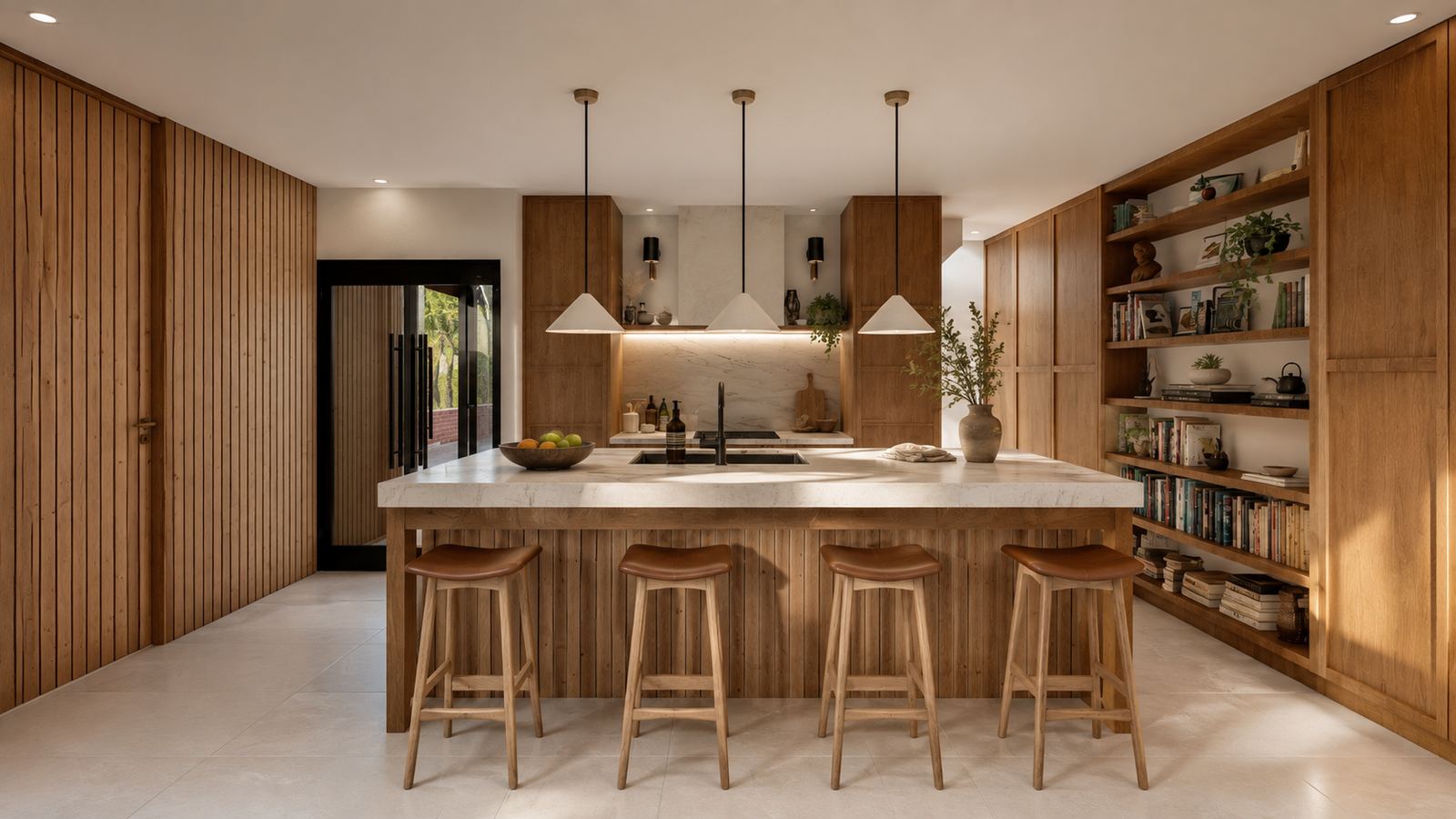 The kitchen, with full-height timber joinery, an open bookshelf run and a stone-topped island with four stools