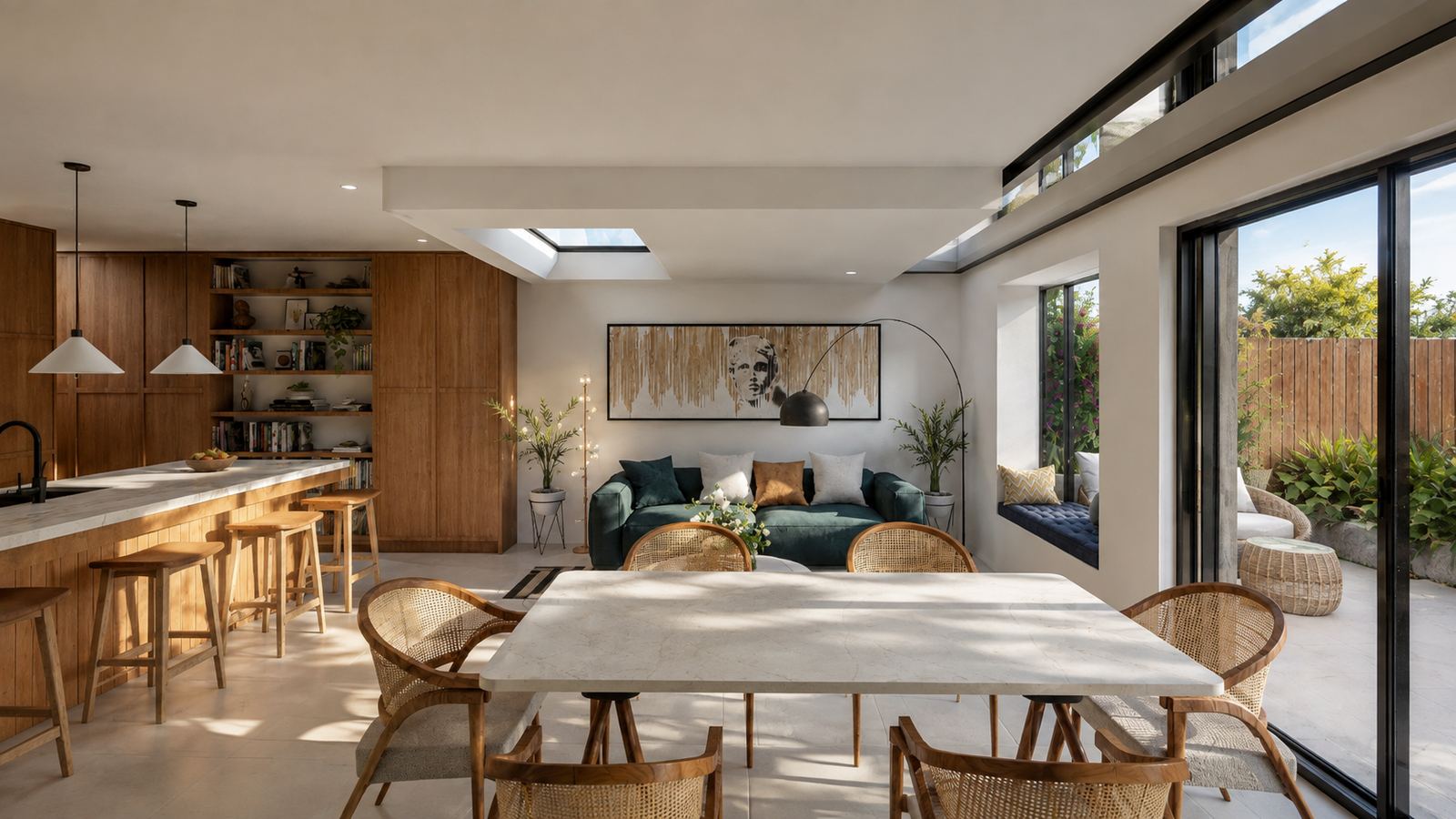 The family room and dining space in the extension, with a rooflight, a clerestory over the sliding doors and a window seat