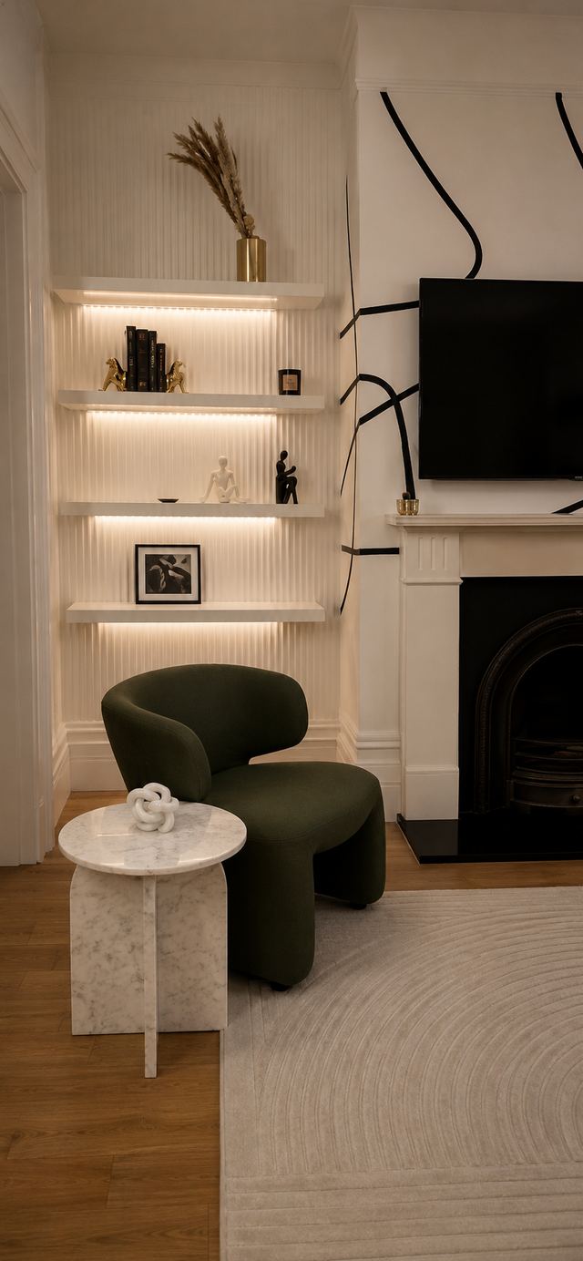 The completed living room, with a fluted panelled recess, backlit shelving and the original fireplace retained