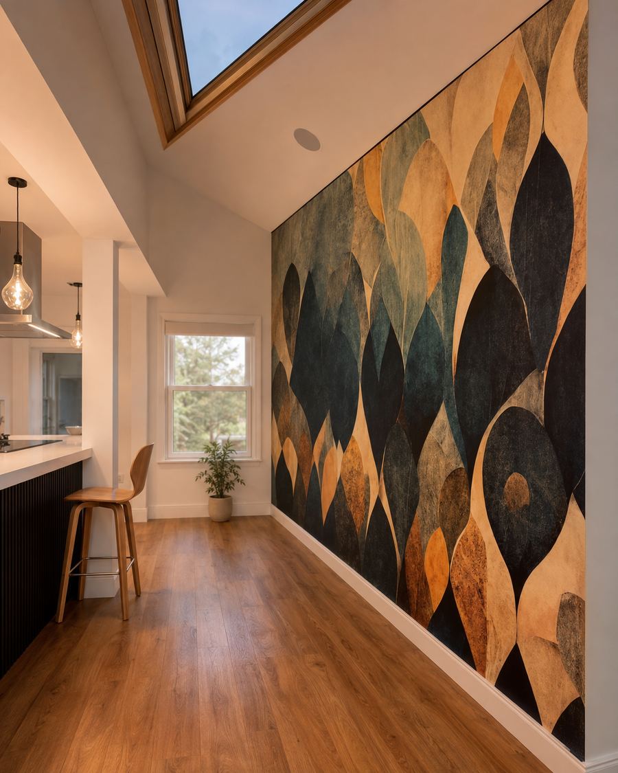 The completed kitchen looking back along the patterned feature wall, with a rooflight above