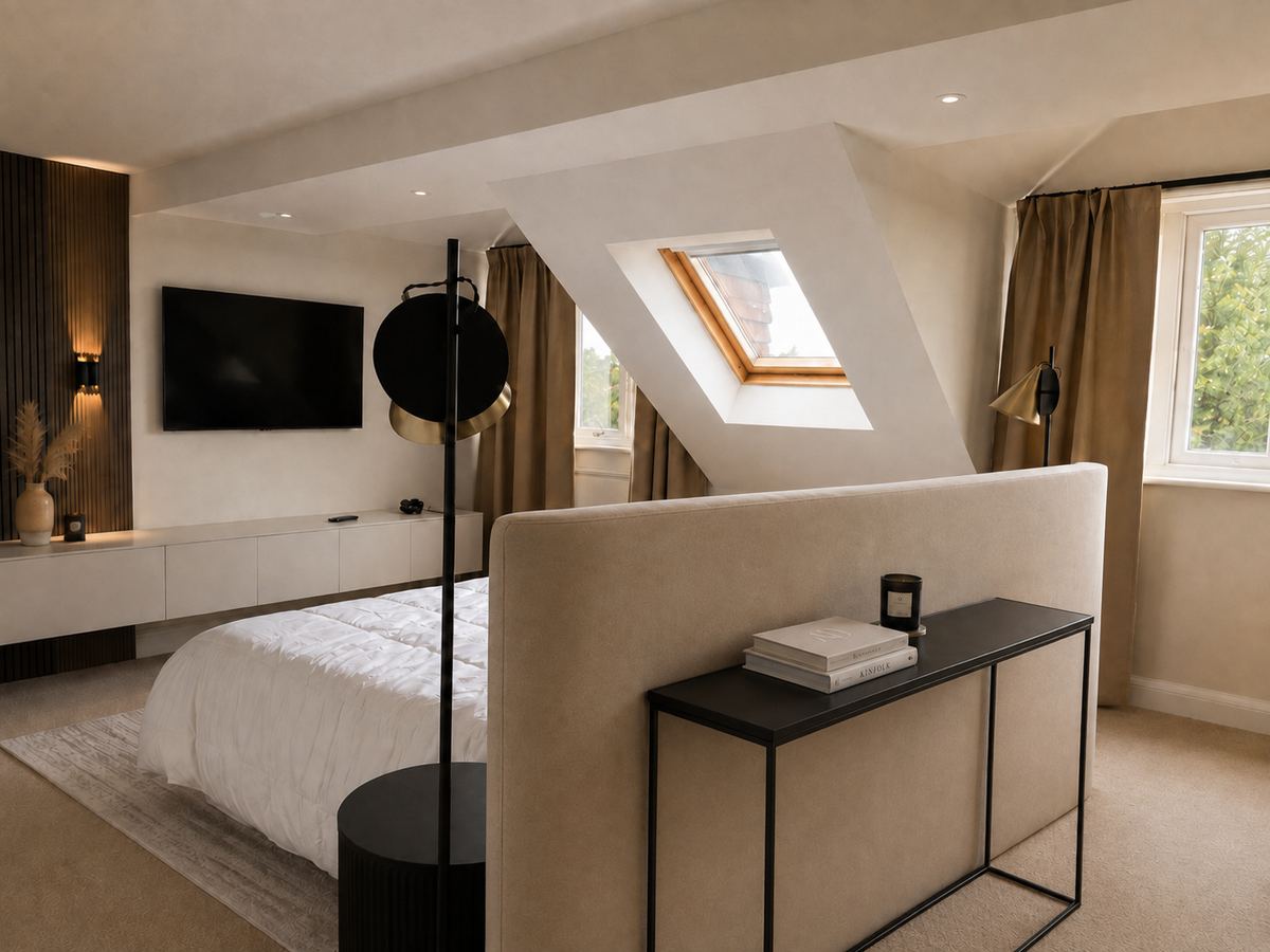 The completed attic bedroom, with a slatted feature panel, a long low console beneath the television and a rooflight above