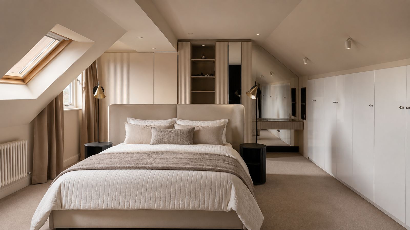 The completed attic bedroom seen along its length, the bed centred between dormer and rooflight with fitted wardrobes to the right