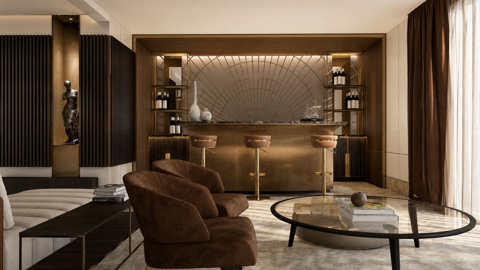 Bar with brass counter, fanned back panel and lounge seating