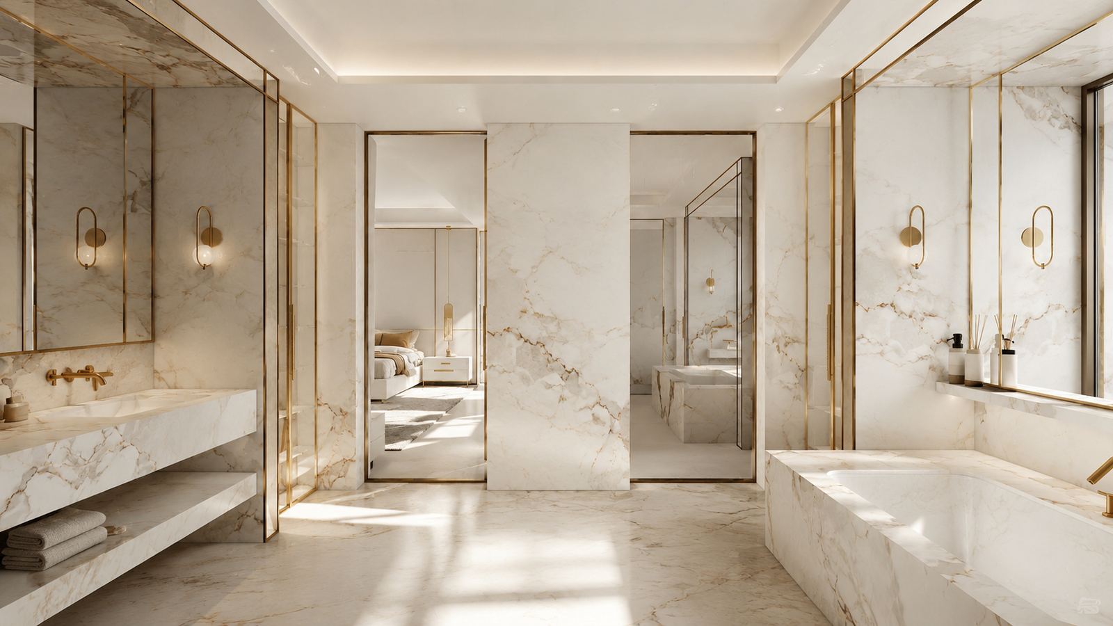 Principal bathroom, symmetrical marble room with vanity to one side, bath to the other and a stone pier framing the opening back to the bedroom