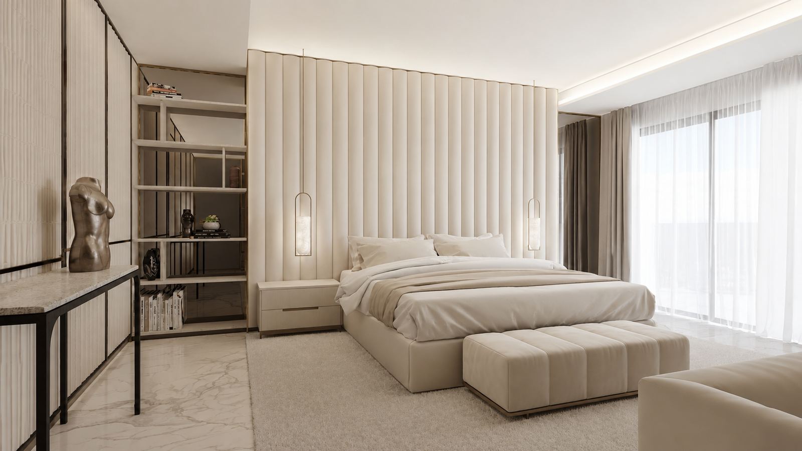 Principal bedroom with full-height fluted upholstered headboard wall, dressing shelving and glazing to one side