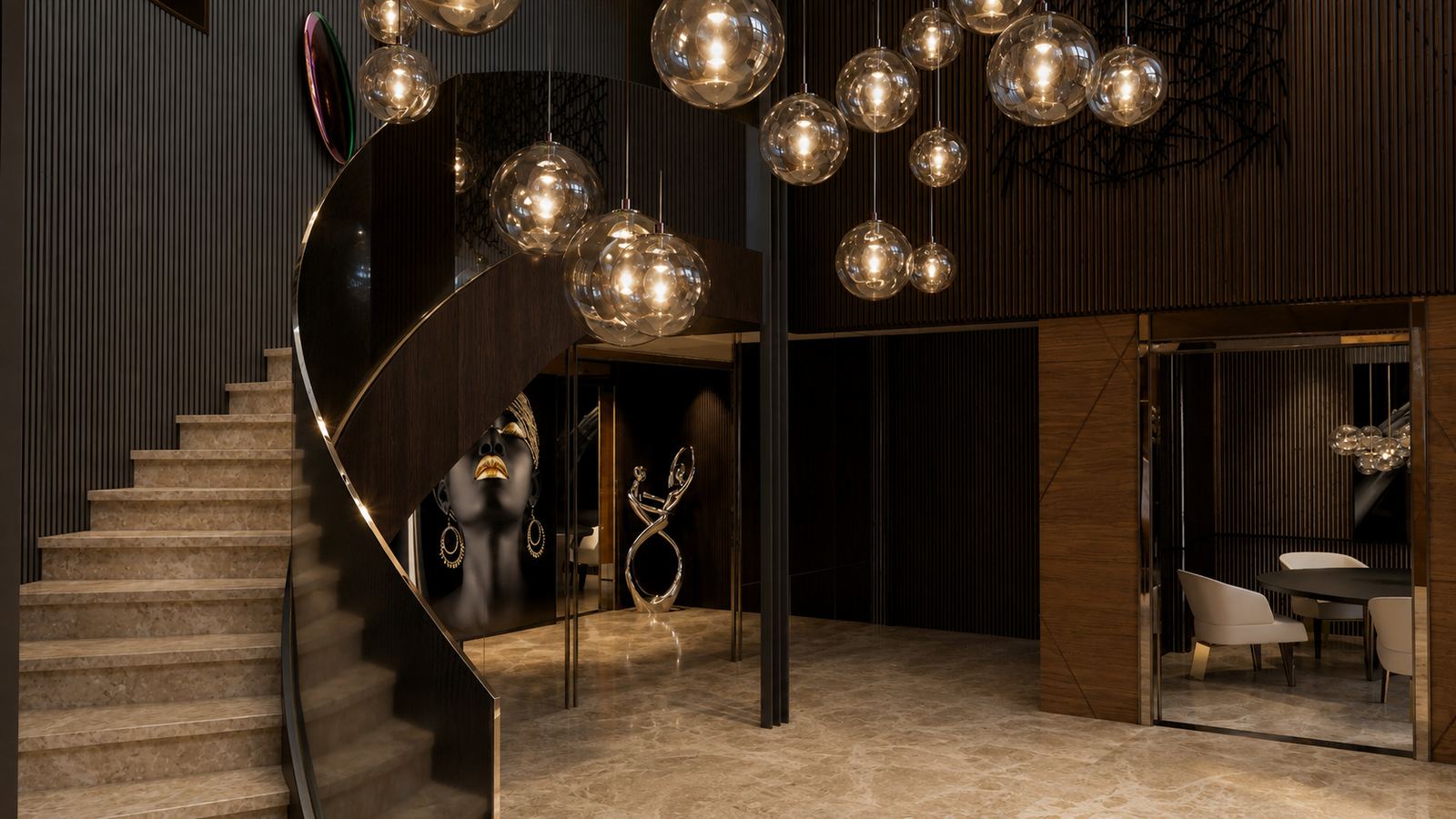 Double-height entry hall with curved stair and cluster of glass pendants