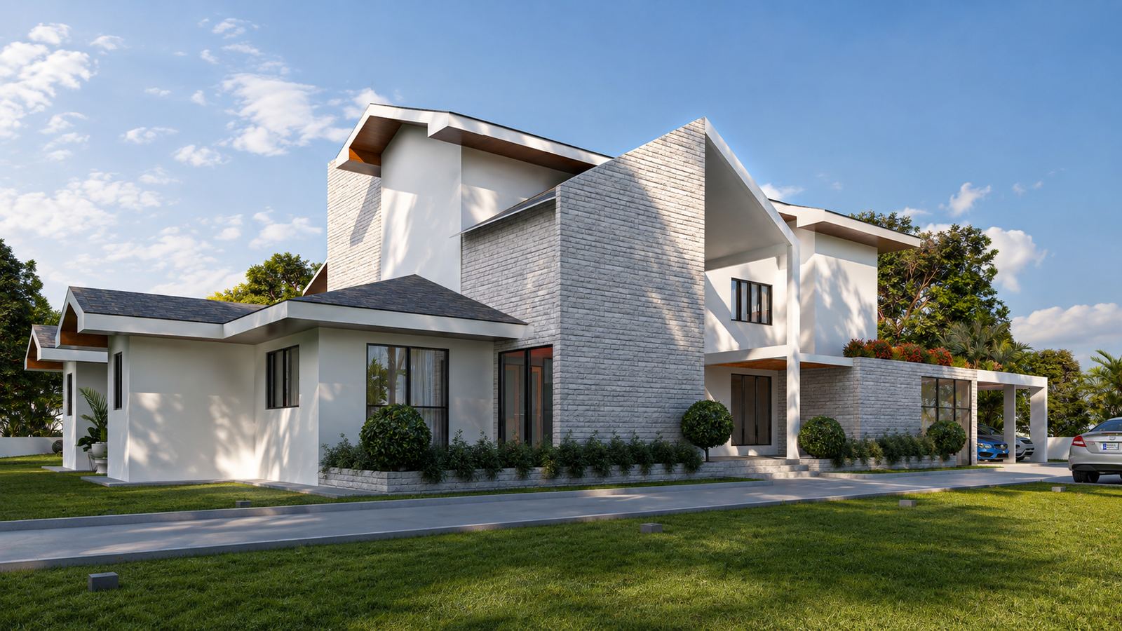 Side elevation of the finished house in daylight