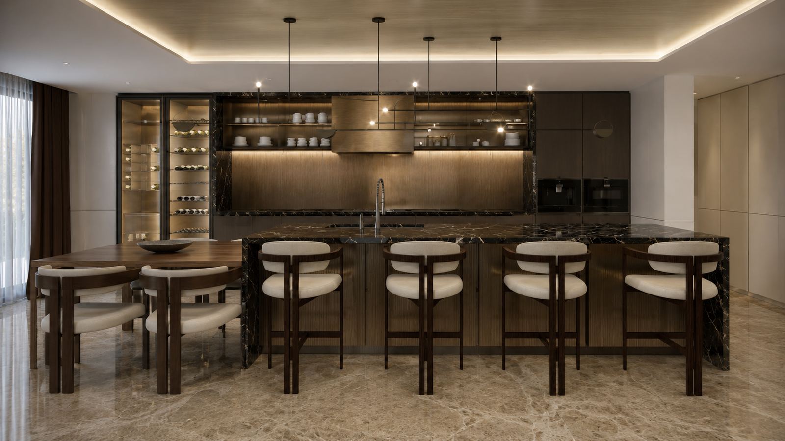 Kitchen with marble island, breakfast table and glazed wine store
