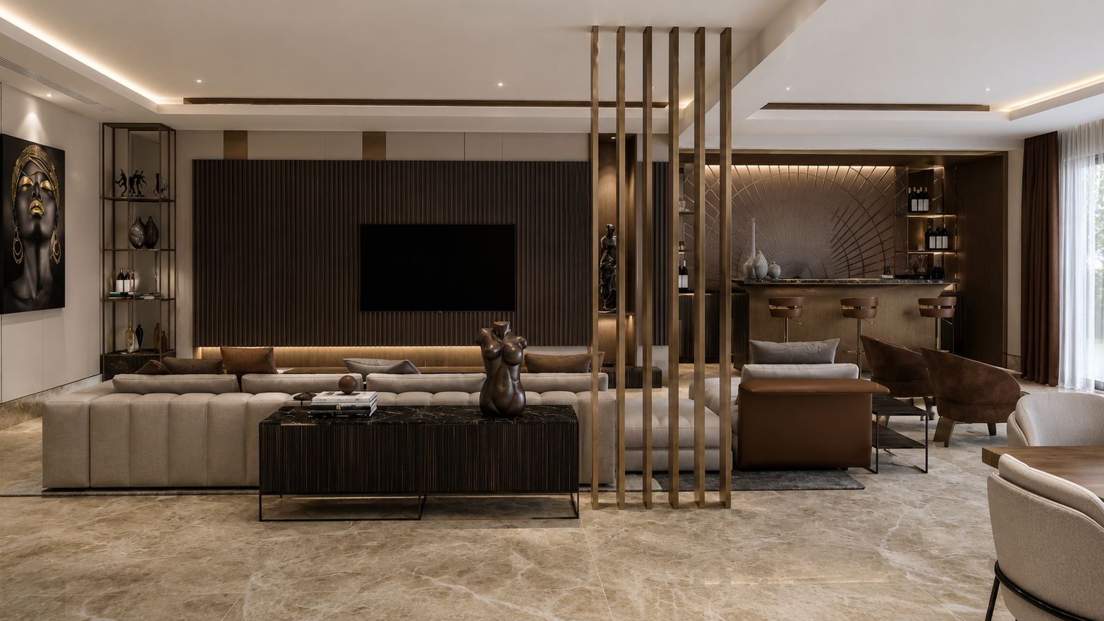 Living room with brass screen opening to the bar beyond