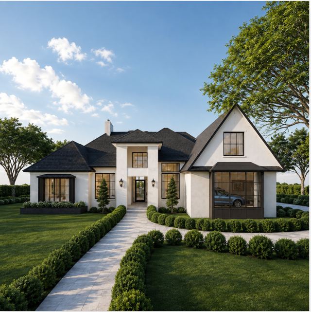 Front elevation approached across lawn, with a recessed entrance and clipped hedging