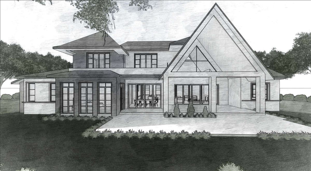 Early design sketch of the garden elevation, showing the tall gable and the covered terrace