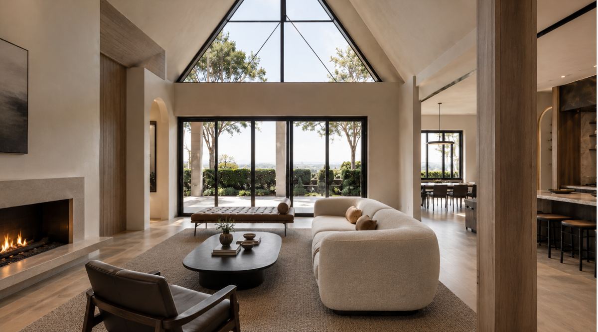 Family living area with a full-height glazed gable to the landscape, open to the dining room and kitchen beyond
