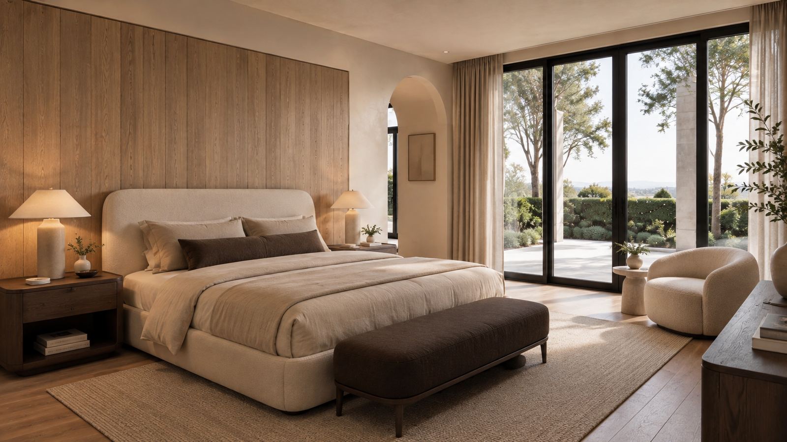 Principal bedroom with a full-height oak headboard wall, glazing to the landscape and a seating corner