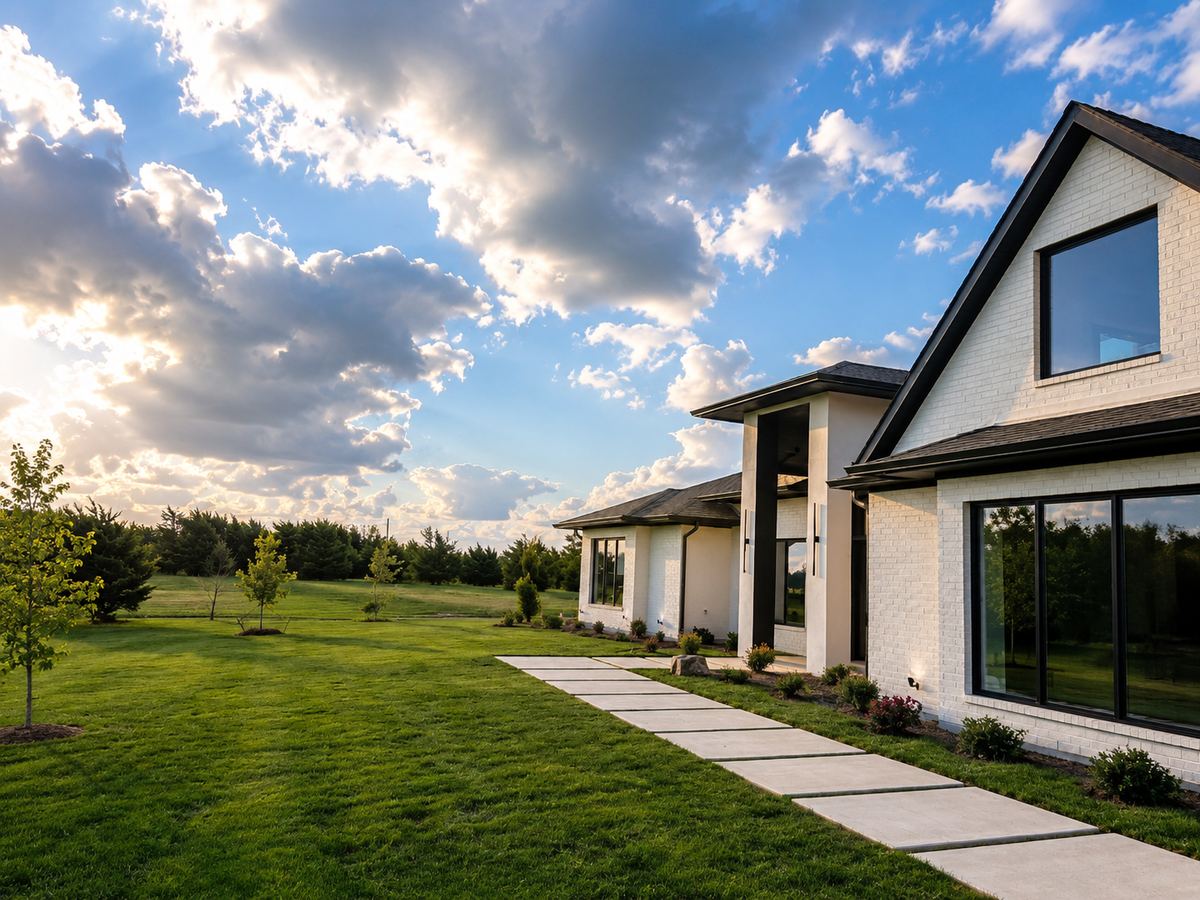The completed house seen from the approach in evening light, with the entrance canopy and paved path