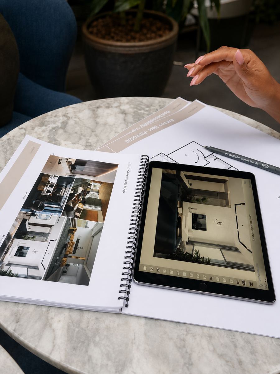 A spiral-bound design report open on a table beside a tablet showing a plan, mid-conversation