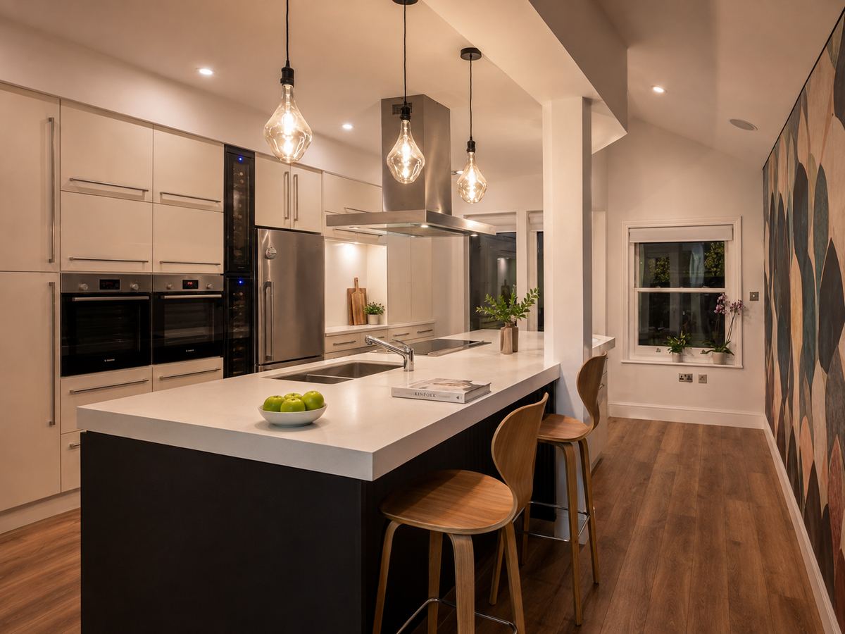 Completed kitchen with island and pendant lighting