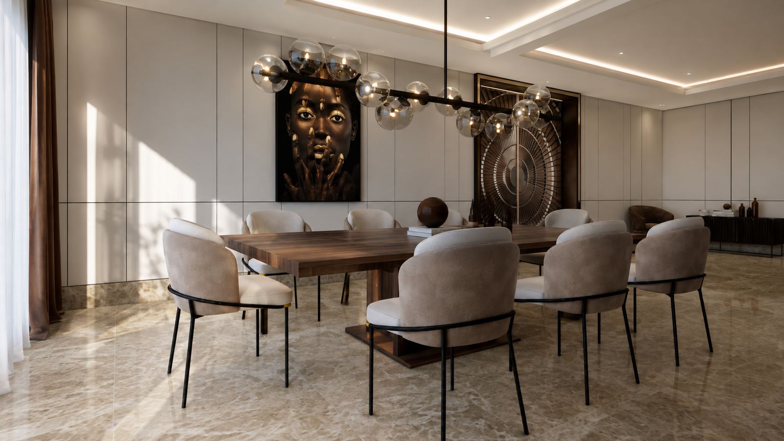 Dining room of a completed Lapunne home, panelled in pale timber
