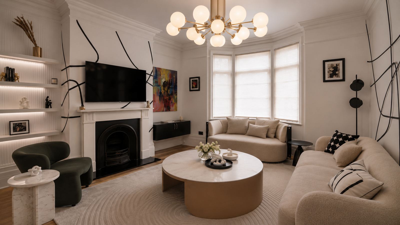 A completed living room, designed and procured during the purchase period so work could begin at handover